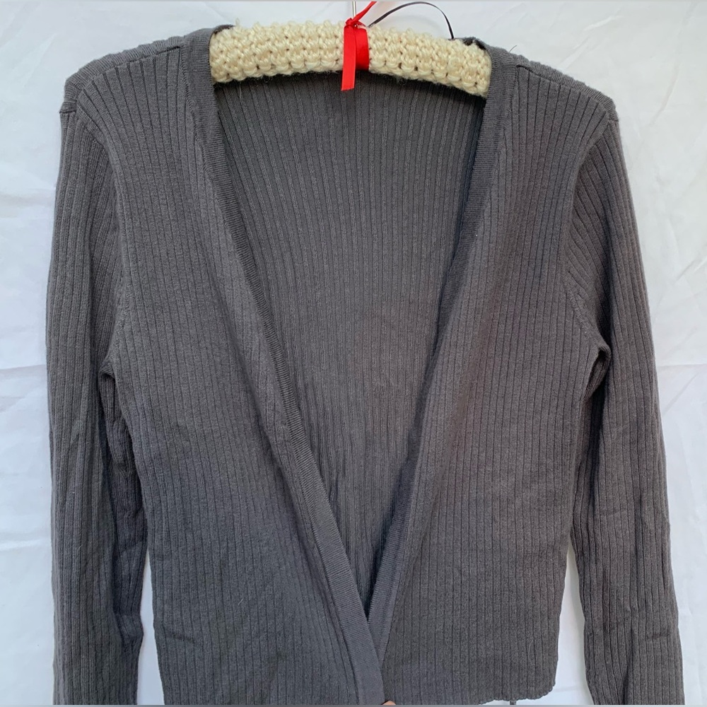 CANDIES ribbed dark grey cardigan with lace up detail on back.